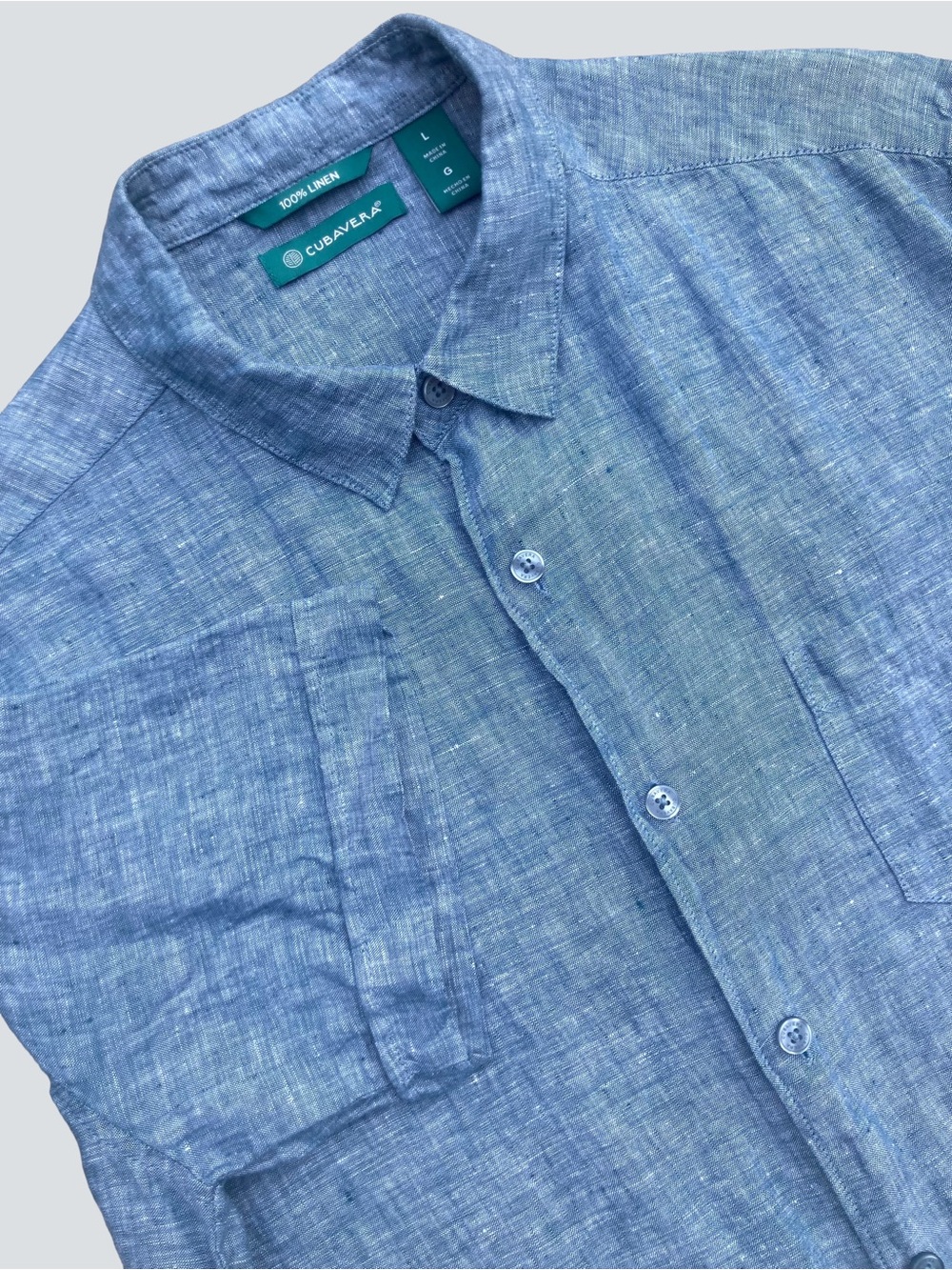 Cubavera 100% Linen Blue Chambray Short Sleeve Button Down Shirt, Sz L